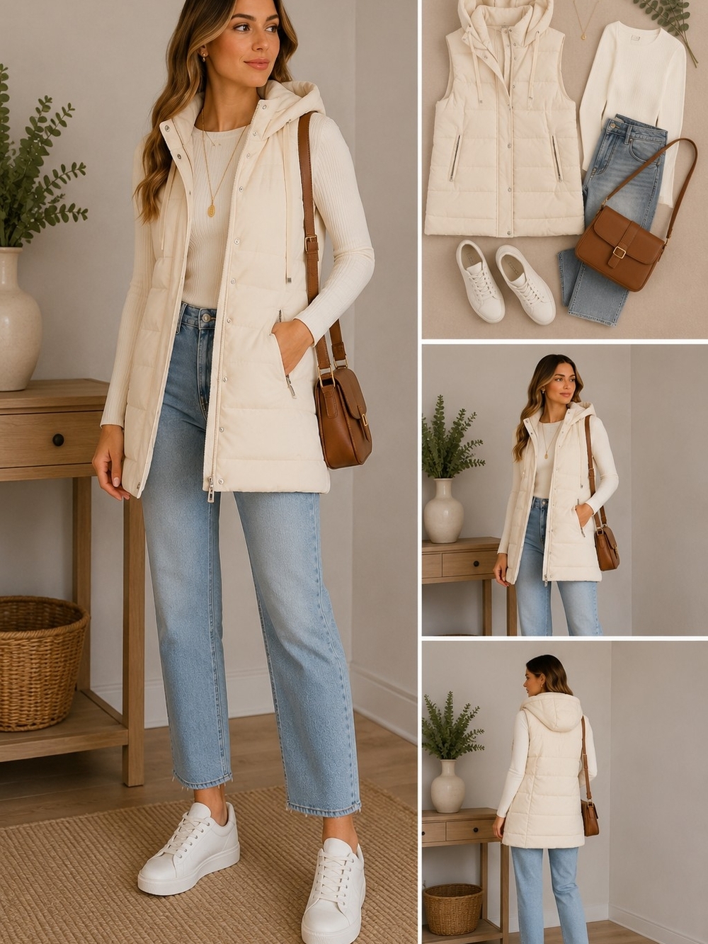 dip Cream Hooded Quilted Long Vest with Zip Pockets